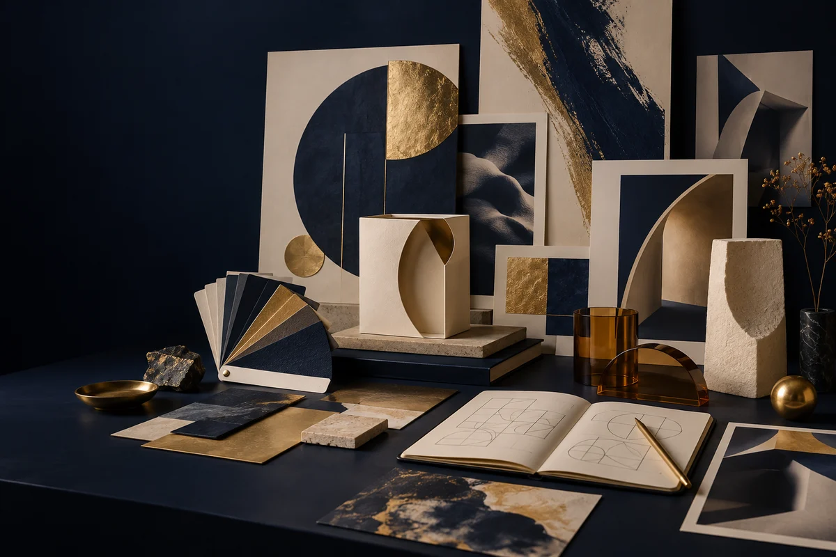 Concept de laboratoire créatif : compositions graphiques, nuancier, prototype de packaging et carnet de croquis, en bleu nuit, or et ivoire